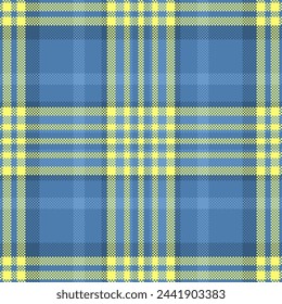 Close-up check pattern vector, costume texture tartan plaid. Straight fabric seamless textile background in blue and yellow colors.