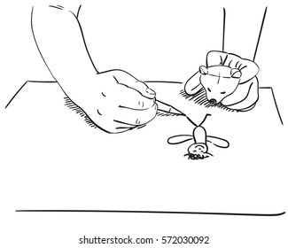 Close-up of child hands drawing man on white paper and holding teddy bear, Vector sketch, Hand drawn illustration isolated on white