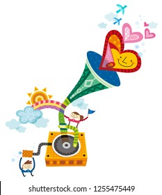 Close-up of children standing by gramophone