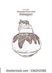 Closeup of Chocolate Kakigori - Japanese shaved ice dessert flavored (bingsu) with panna cotta and cream on top. Hand draw sketch vector.