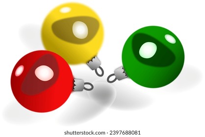 Close-up of Christmas tree baubles in different colors against white background. Illustration made December 6th, 2023, Zurich, Switzerland.