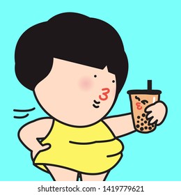 Closeup Chubby Young Girl And A Cup Of Bubble Milk Tea In Her Hand Blowing Kiss To Each other Concept Card Character illustration