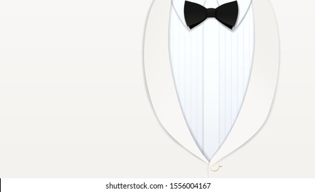 Closeup of classic formal male white tuxedo and black bow tie with copy space, Paper art cut and craft style background, Vector illustration