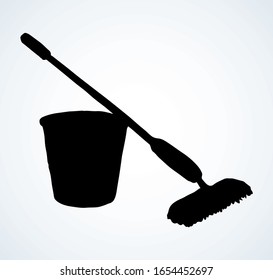 Closeup cleanse trash bristle swob object on white room text space. Outline black hand drawn health liquid swabber rag stick tub pail logo pictogram. Retro cartoon line art close up view bin container