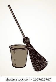 Closeup cleanse trash bristle swob object on white room text space. Outline black hand drawn health liquid swabber rag stick tub pail logo pictogram. Retro cartoon line art close up view bin container