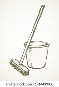 Closeup cleanse trash bristle swob object on white room text space. Outline black hand drawn health liquid swabber rag stick tub pail logo pictogram. Retro cartoon line art close up view bin container