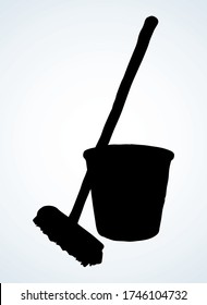 Closeup cleanse trash bristle swob object on white room text space. Outline black hand drawn health liquid swabber rag stick tub pail logo pictogram. Retro cartoon line art close up view bin container