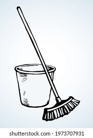 Closeup cleanse trash bristle swob object on white room text space. Outline black hand drawn health liquid swabber rag stick tub pail logo pictogram. Retro cartoon line art close up view bin container