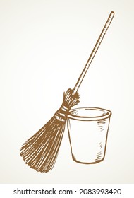 Closeup cleanse trash bristle swob object on white room text space. Outline black hand drawn health liquid swabber rag stick tub pail logo pictogram. Retro cartoon line art close up view bin container