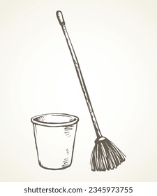Closeup cleanse trash bristle swob object on white room text space. Outline black hand drawn health liquid swabber rag stick tub pail logo pictogram. Retro cartoon line art close up view bin container