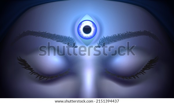Close-up of closed eyes and a glowing third eye\
on the forehead