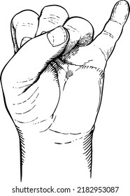 Close-up Of A Closed Hand With Raised Pinky. Handheld View. Black And White Vector Illustration. Gesture Of The Hands