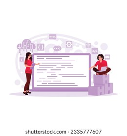 Close-up coding on screen, Woman hands coding html and programming on a laptop screen, Programmer or developer code. Laptop screen with code. Trend Modern vector flat illustration