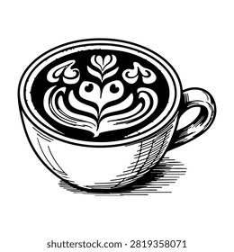 Close-up of a coffee latte featuring intricate heart and floral foam art on top, served in a ceramic cup, emphasizing barista skill and beverage presentation.