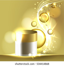  Closeup Collagen Emulsion in Water. Vector Illustration. Gold Serum Droplets. Concept for Cosmetics, Beauty and Spa Brochure or Flyer.