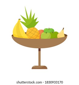 Closeup of colorful a bowl of fruit bananas, pineapple, apples, orange, pear on white background. Vector, illustration. Isolated vector.