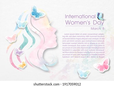 Closeup colorful butterfly on white silhouette of head's women in paper cut and watercolor style, wording of Women's day event, example texts on colors plants pattern and white background.