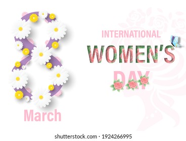 Closeup colorful flowers on the giant number 8 with wording of Women's day event on women drawing shape and white background. Card and poster of International Women's Day in vector design.