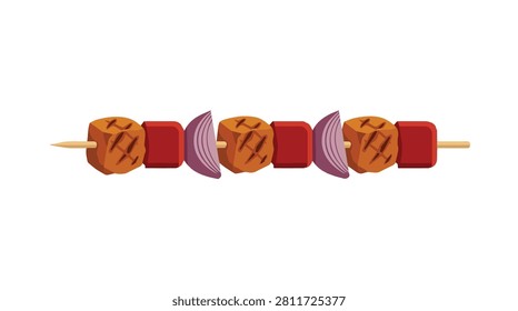 close-up of colorful grilled meat and vegetable kabobs with skewers for outdoor cooking and barbecue parties