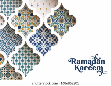 Close-up of colorful ornamental arabic tiles, patterns through white mosque window. Greeting card, invitation for Muslim holiday Ramadan Kareem. Vector illustration bacground, modern web banner.