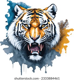 Primer plano de la colorida cara de tigre pintado EN WATERCOLOR, ilustración animal salvaje realista. Pintado a mano sobre papel, pintura artística realista sobre fondo blanco.