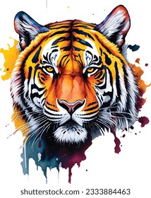 Close-up of colorful painted Tiger face IN WATERCOLOR, Realistic wild animal illustration. Hand painted on paper, realistic artistic painting on white background.