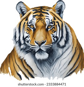 Close-up of colorful painted Tiger face IN WATERCOLOR, Realistic wild animal illustration. Hand painted on paper, realistic artistic painting on white background.
