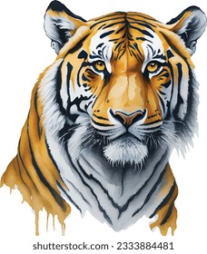 Close-up of colorful painted Tiger face IN WATERCOLOR, Realistic wild animal illustration. Hand painted on paper, realistic artistic painting on white background.