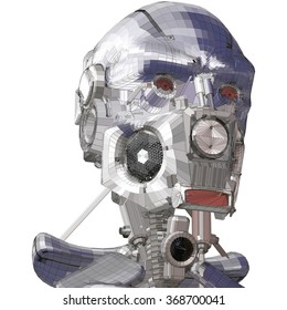 Close-up conceptual illustration of a cyborg head on a white background. 