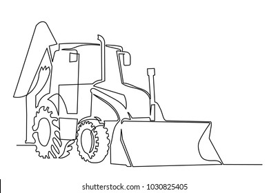 Close-up. The construction machine is a tractor excavator. One continuous drawing line drawn by hand on a white background.