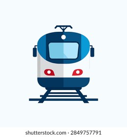 Close-up of a contemporary train with a streamlined design, vibrant colors, and a prominent front window, emphasizing transportation and technology.