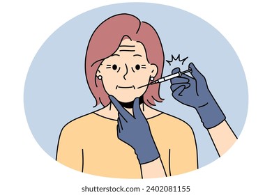 Closeup of cosmetician with syringe do facial botox therapy to old wrinkled woman. Mature female with wrinkles have skincare face injection for smooth skin. Vector illustration.