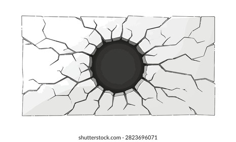 Close-up of cracked concrete with a circular hole and radiating fractures, highlighting structural damage and surface deterioration.