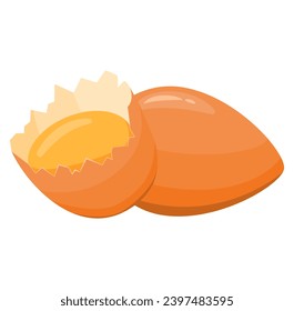 Close-up cracked egg.Normal and broken brown eggs.Cracked egg with shell.Chicken egg yolk.Vector flat illustration.Isolated on white background.