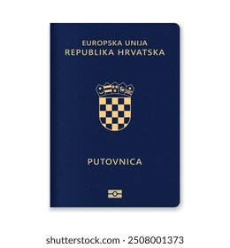 Nahaufnahme eines Reisepasses aus Kroatien mit goldenem Text und Emblem auf violettem Hintergrund.