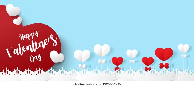 Closeup and crop big red and white small hearts with "Happy Valentine's Day" lettering, with red and white heart flowers on blue background. Web banner of Valentine's day in paper cut vector design.