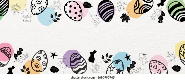 Cierre y cultivo de huevos de Pascua con la naturaleza decorada y punto colorido sobre fondo de papel blanco.