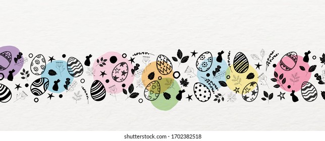 Closeup and crop Easter eggs with decorate nature in doodle style and colorful dot on white paper pattern background.