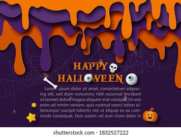 Closeup and crop evil blood drop down in layer and paper cut style with Happy Halloween letters, sign of Halloween and example texts on spider web and dark purple background.