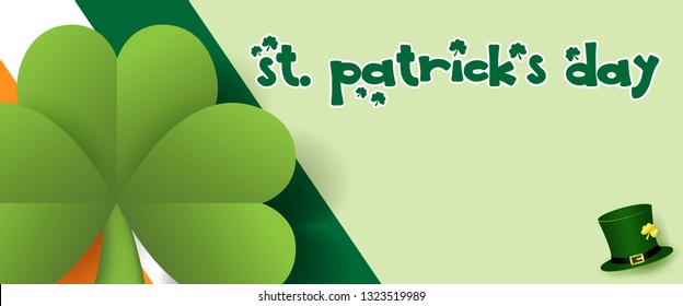 Closeup and crop giant shamrock plant with the name of event (St. Patrick's Day) and little green high hat of The Leprechaun. All on Irish flag colors and light green background.