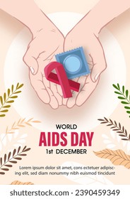 Closeup and crop hands of human holding a red ribbon and condom with wording of world AIDS day and example texts on decorated leaf and light yellow background.