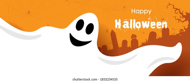 Closeup and crop happy ghost with Happy Halloween letters on graveyard scene and orange background.
