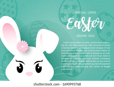 Nahaufnahme und Schnittkopf von weißem Kaninchen mit dem Wortlaut des Ostereierurlaubs und Beispieltexte über Ostereier-Muster und grünem Hintergrund.