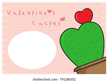 Closeup and crop of "Hoya Cactus"  with red heart flower in tree pot and pink wording "Valentine's Cactus" and white circle on pink brick wall  background in cartoon vector design.