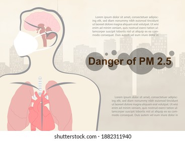 Closeup and crop human body with wording about danger of PM 2.5 dust, example texts on landscape city view and bad fog pollution background. 