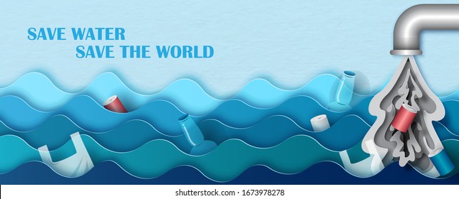 Closeup and crop junk on the Ocean wave with factory pipeline and waste water and slogan on blue background. "World water day" campaign in paper cut style and vector banner design.
