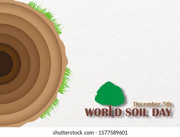 Closeup and crop layer of soil in a circle and paper cut style with grass and the day and name of event on white paper pattern background with space for texts. Campaign's poster of World Soil Day.