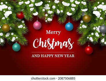 Closeup and crop pine leaves with snow and Christmas balls decorated on red background with Christmas lettering. Beautiful Christmas greeting card in vector design.