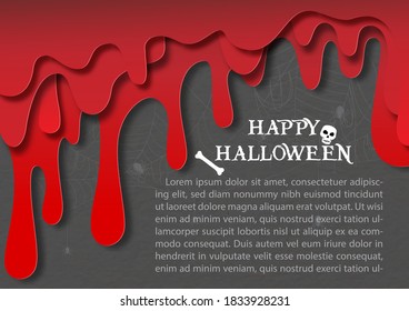 Colocación y cultivo de sangre roja caída en el estilo de corte de capa y papel en letras Happy Halloween, textos de ejemplo, telaraña y fondo gris oscuro.