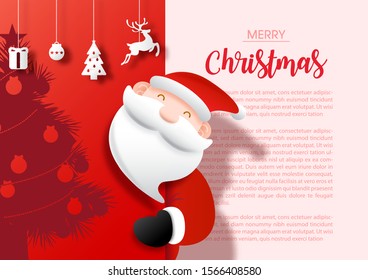 Closeup and crop Santa with example texts and symbol objects of Christmas holiday hang on silhouette a half of Christmas tree and pink, red background. Christmas greeting card in vector design.